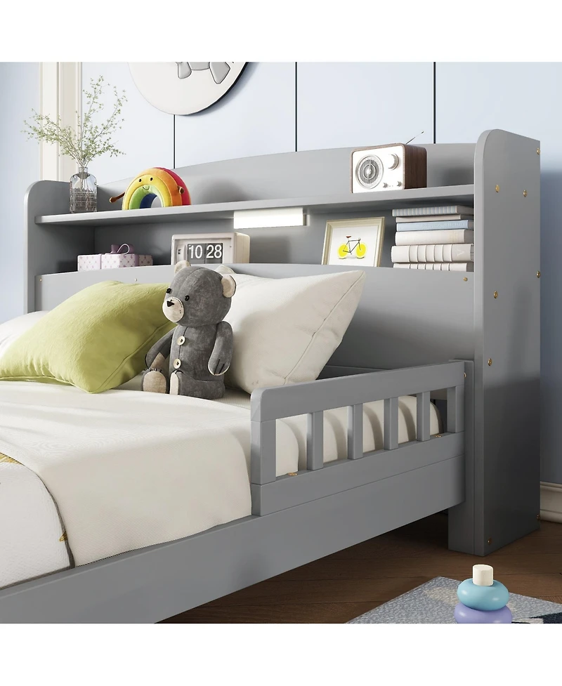 Sailvan Full Pine Wood Bed with Bookcase Headboard, Led Motion Sensor Light and Guardrails