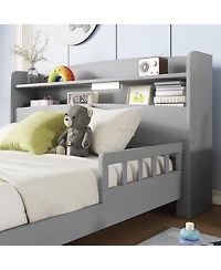 Sailvan Full Pine Wood Bed with Bookcase Headboard, Led Motion Sensor Light and Guardrails