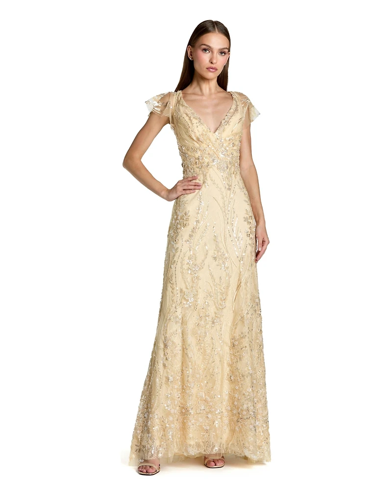 Mac Duggal Petite V Neck Flutter Sleeve Floral Embroidered Gown