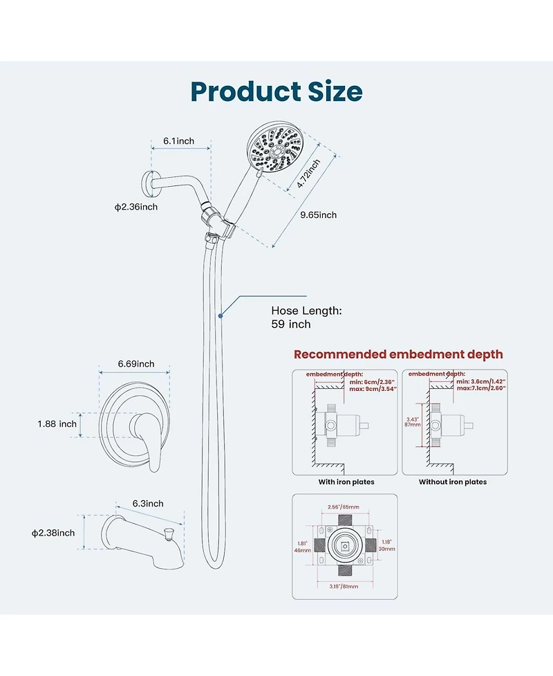 Midola High Pressure Shower Head Combo System with Valve 6 Mode Handheld Spray Single Handle Shower Trim Kit Brushed Nickel Complete Set