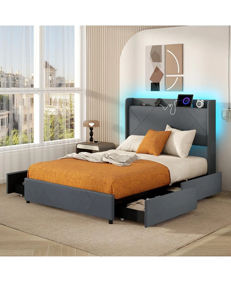 Slickblue Platform Bed Frame with Led Lighting and Usb Charging Station, Bedroom Furniture
