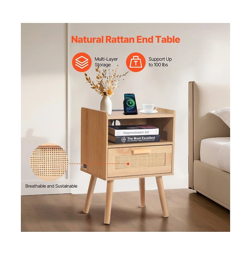 Sugift Rattan Nightstand with Built-In Charging Station, Drawer, and Open Shelf