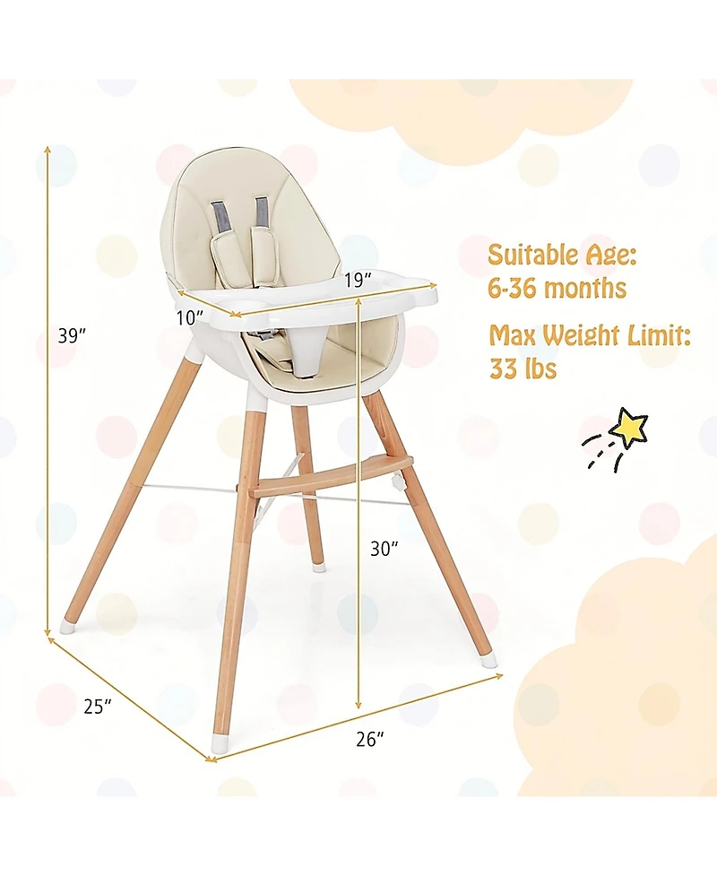 Gouun Baby Wooden High Chair with 4-Level Dishwasher Safe Tray