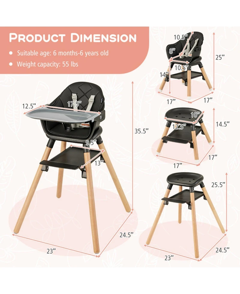Gouun 6-in-1 Convertible Highchair with Safety Harness and Removable Tray, Ages 6M to 6Y