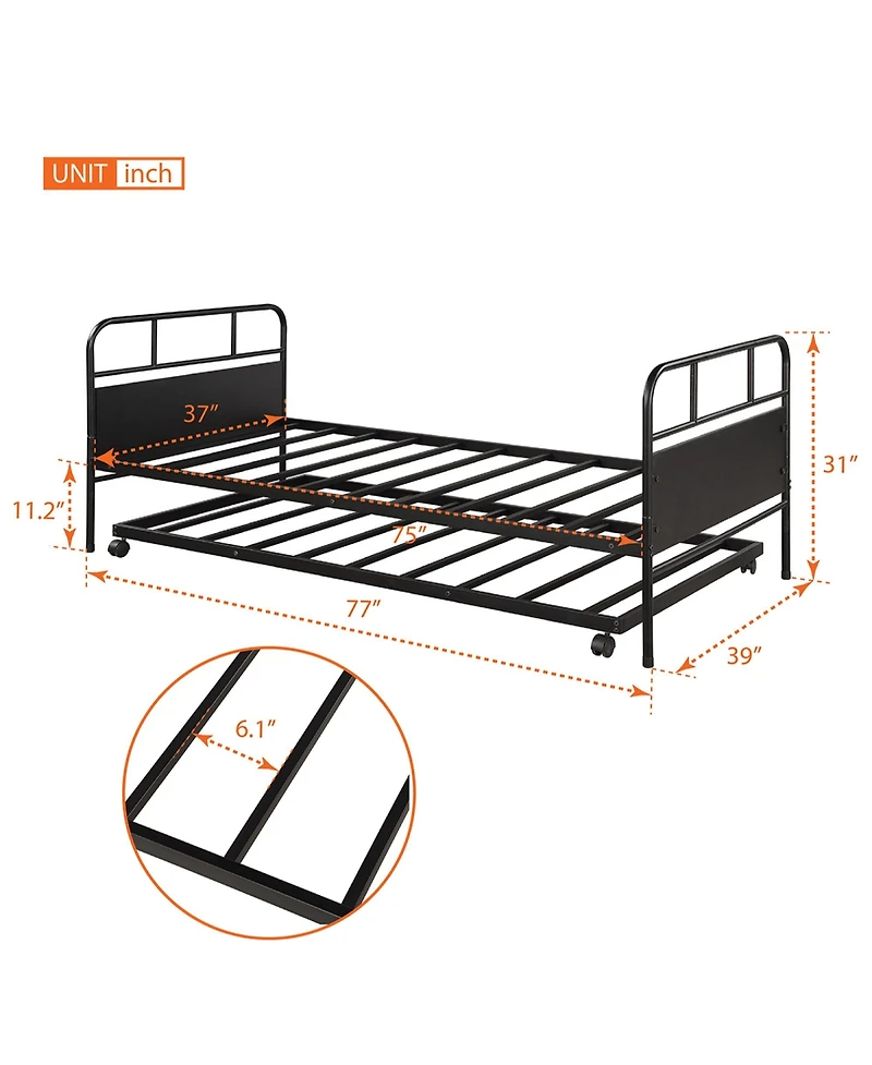 Rainsken Daybed with Trundle, Twin Size Metal Platform Bed Frame Built-in Casters, Heavy-Duty Sofa Bed for Living Room and Bedroom