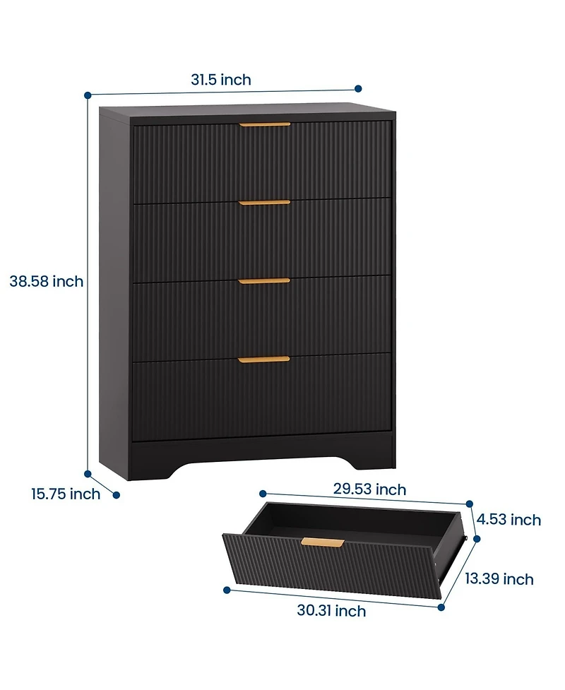 gaomon Fluted 4 Drawer Dresser for Bedroom, 38.6" Tall Modern Chest with Handles Wood Storage Cabinet
