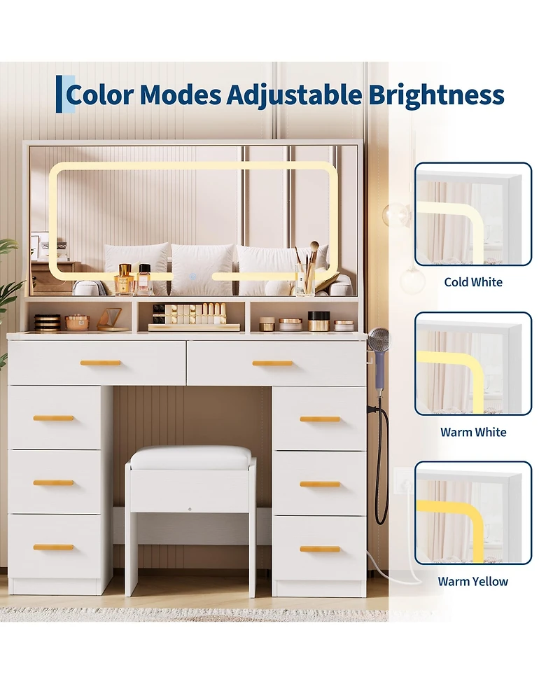 Homfan Makeup Vanity Desk Set with Large Lighted Mirror, 8 Drawers, 3 Storage Shelves, Glass Top, Stool, Built-in Power Outlet