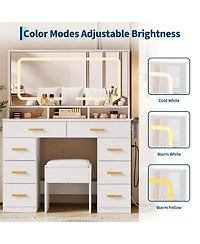 Homfan Makeup Vanity Desk Set with Large Lighted Mirror, 8 Drawers, 3 Storage Shelves, Glass Top, Stool, Built-in Power Outlet