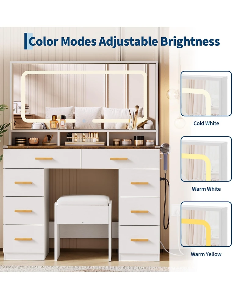 Homfan Makeup Vanity Desk Set with Large Lighted Mirror, 8 Drawers, 3 Storage Shelves, Glass Top, Stool, Built-in Power Outlet