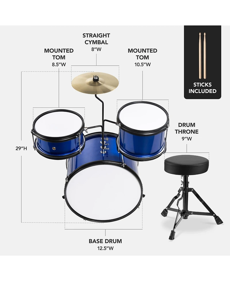 Best Choice Products Kids Beginner 3-Piece Drum, Musical Instrument Set w/ Sticks, Cushioned Stool, Drum Pedal