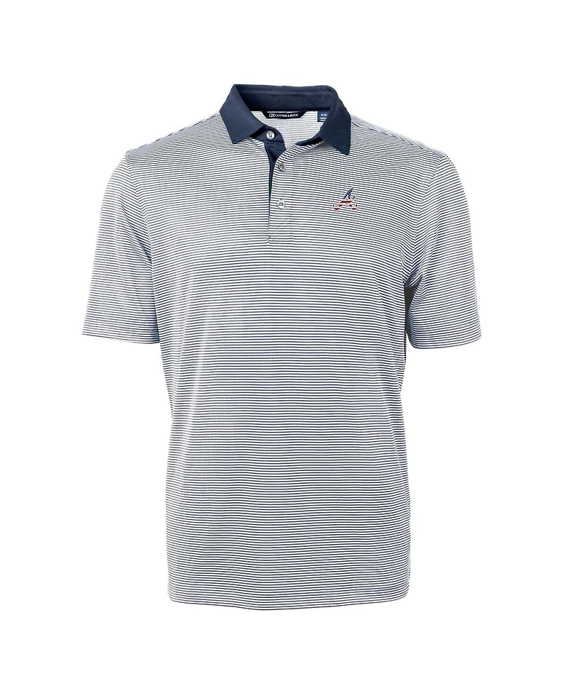 Cutter & Buck Men's Navy Atlanta Braves Americana Logo Virtue Eco Pique Stripe Polo Shirt