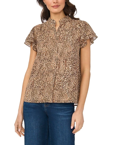 CeCe Women's Collared Neck Double Flutter-Sleeve Top