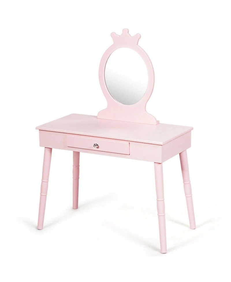Gouun Kids Wood Vanity Dressing Table with Drawers and Cushioned Stool