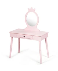 Gouun Kids Wood Vanity Dressing Table with Drawers and Cushioned Stool