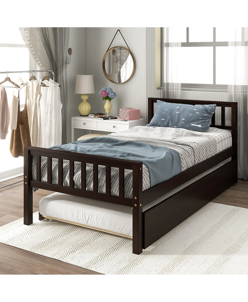 Rainsken Twin Bed with Trundle, Wood Platform Frame Headboard and Footboard, No Box Spring Needed for Kids Boys Girls Teens