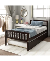 Rainsken Twin Bed with Trundle, Wood Platform Frame Headboard and Footboard, No Box Spring Needed for Kids Boys Girls Teens