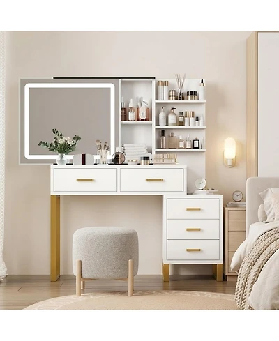 Homfan Large Makeup Vanity Desk with Sliding Mirror, Led Lights, Charging Station, 5 Drawers, 3 Open Shelves