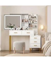 Homfan Large Makeup Vanity Desk with Sliding Mirror, Led Lights, Charging Station, 5 Drawers, 3 Open Shelves