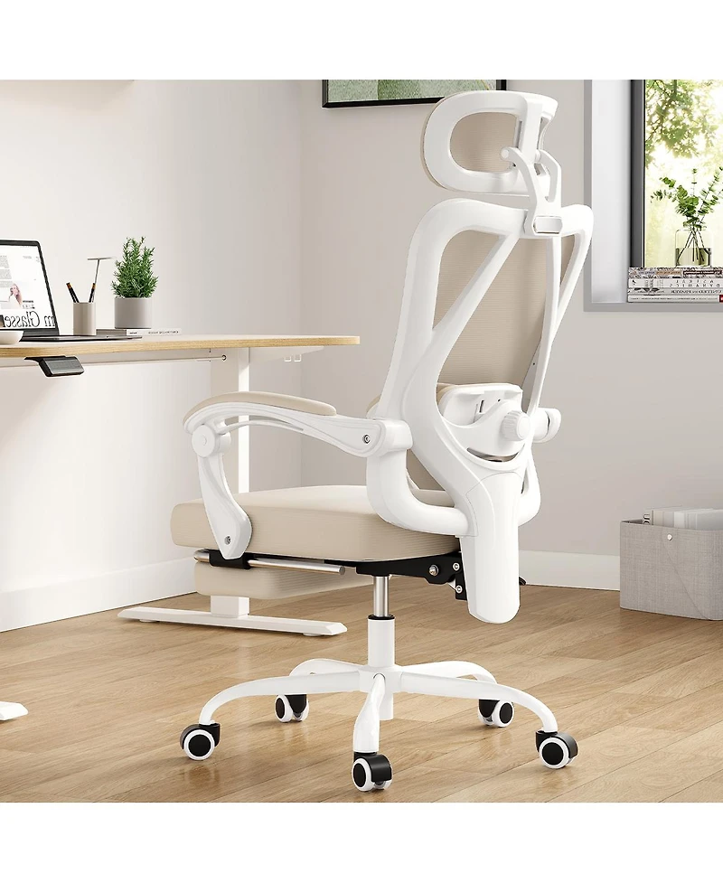 Flynama Khaki Mesh Office Chair with Footrest,Adjustable Lumbar Support Chair