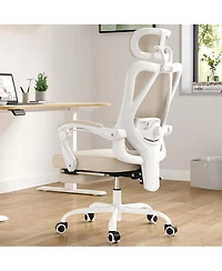 Flynama Khaki Mesh Office Chair with Footrest,Adjustable Lumbar Support Chair