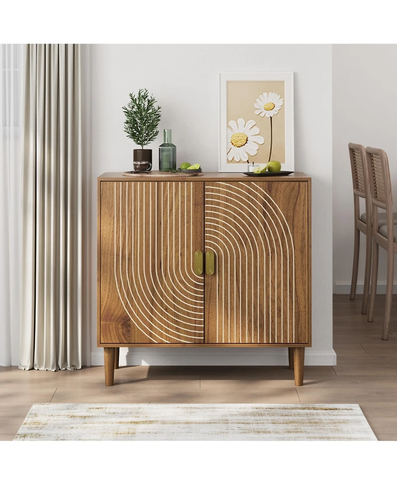 Flynama Wood Buffet Cabinet Line Groove Sideboard Storage For Living Room Entryway
