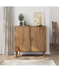 Flynama Wood Buffet Cabinet Line Groove Sideboard Storage For Living Room Entryway