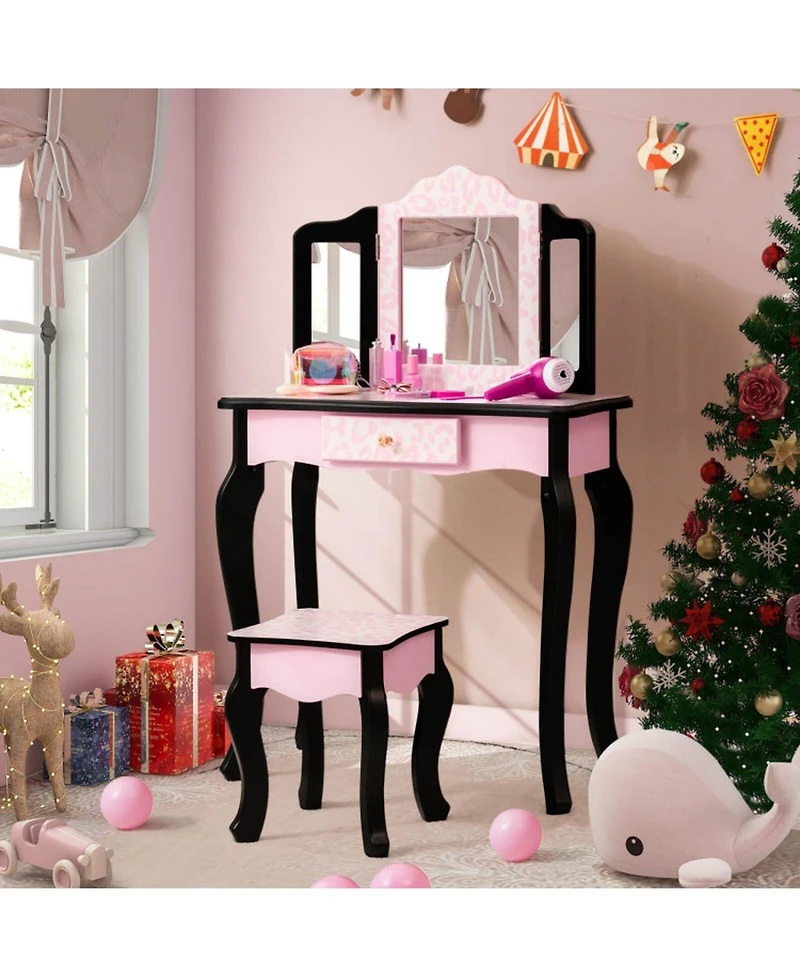 Gouun Kids Wood Makeup Dressing Table with Dimmable Lights and Stool