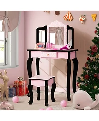 Gouun Kids Wood Makeup Dressing Table with Dimmable Lights and Stool