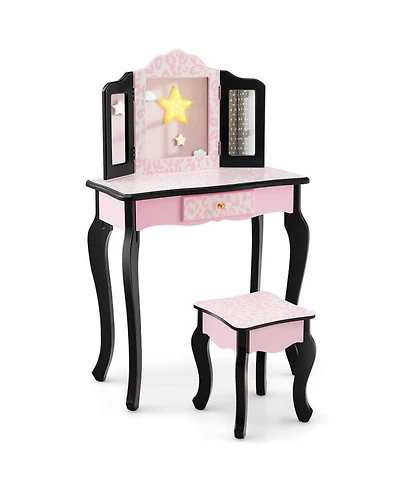 Gouun Kids Wood Makeup Dressing Table with Dimmable Lights and Stool