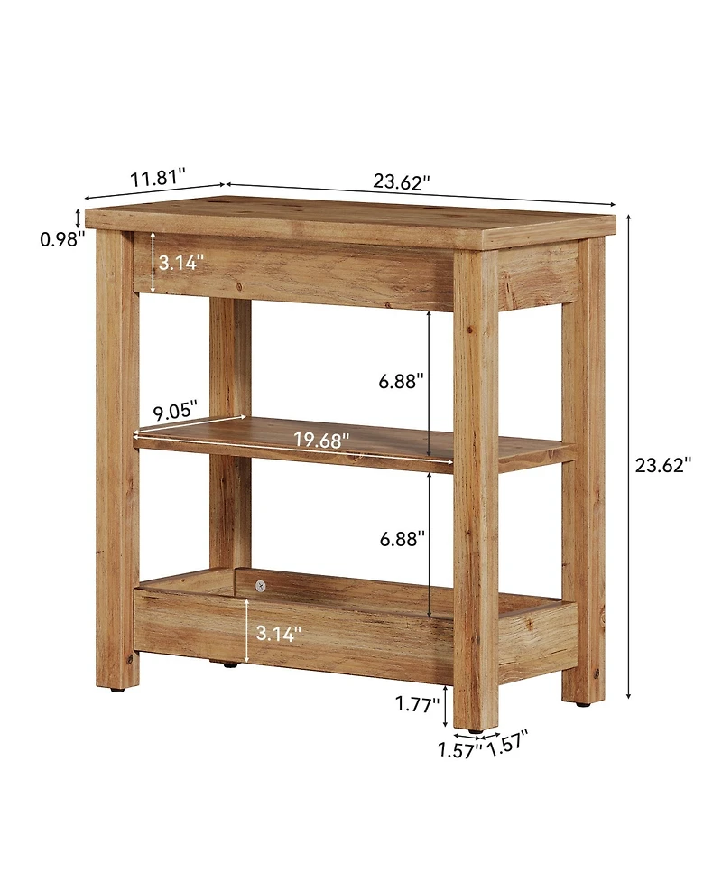 Tribesigns Solid Wood End Table with 3-Tier Storage Shelf, Farmhouse Narrow Sofa Side Table, Small Rectangular Nightstand