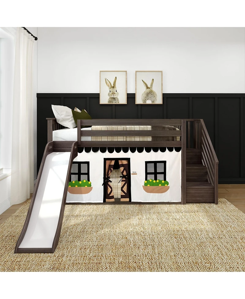 Max & Lily Low Twin over Bunk With Stairs, Easy Slide and Black White Farmhouse Curtain