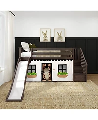 Max & Lily Low Twin over Bunk With Stairs, Easy Slide and Black White Farmhouse Curtain