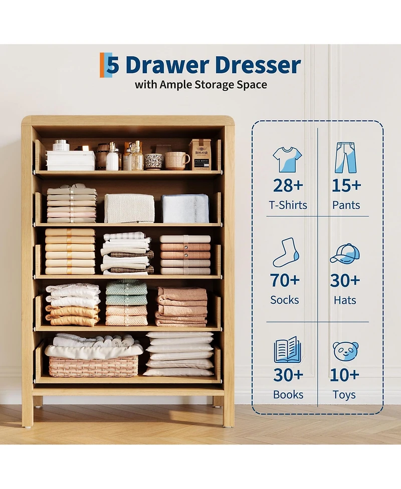 gaomon 5 Drawer Dresser for Bedroom, 47" Tall Storage Cabinet, Nightstand with Large Clothes Organizer