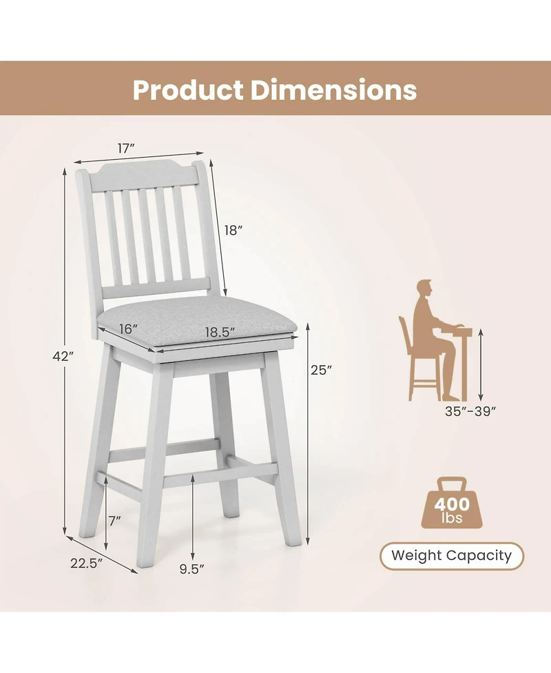 Costway Counter Height Bar Stools with Slatted Back Padded Seat and Footrest