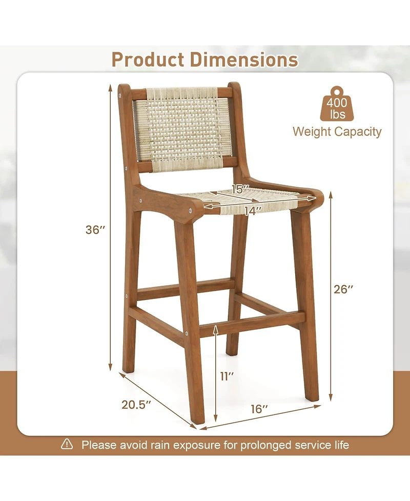 Outdoor Counter Height Bar Stool with Teak Wood Frame Back andFootrest for Balcony