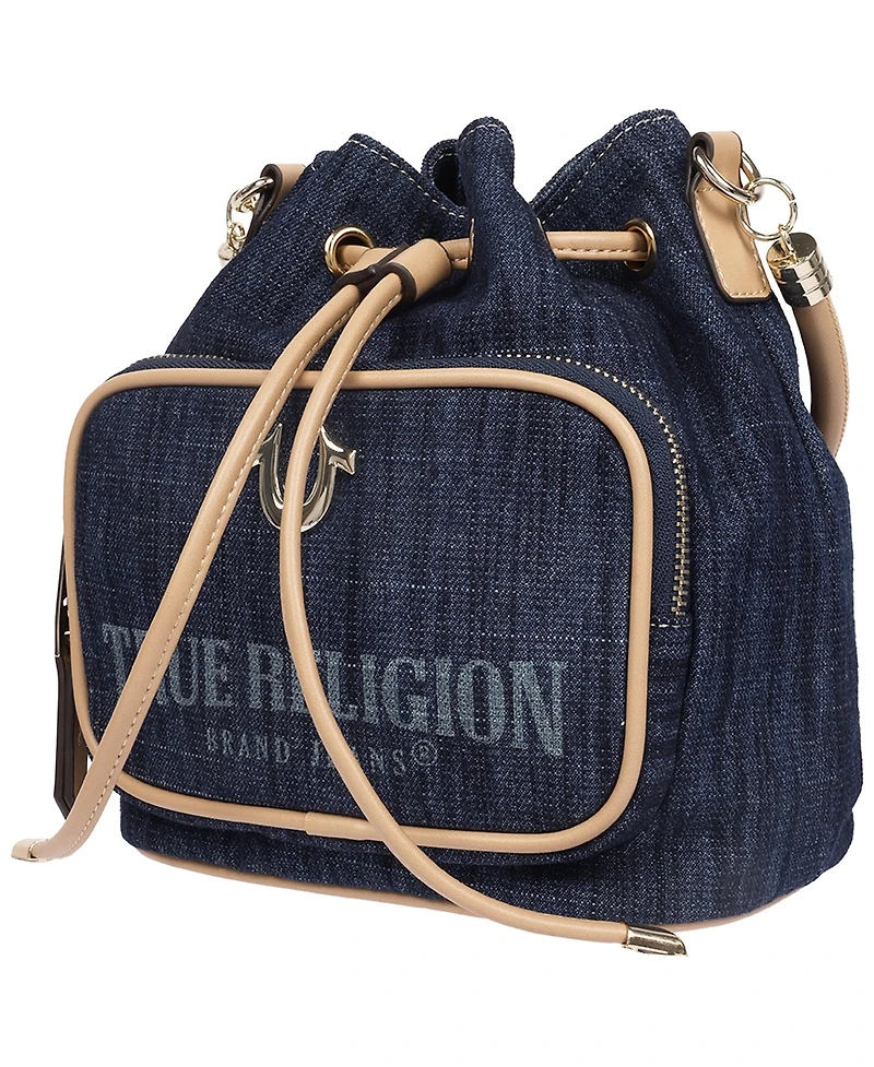 True Religion Bryce Denim and Pu Bucket Bag - Women s Designer Drawstring Bucket Handbag with Crossbody Strap