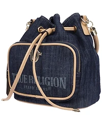 True Religion Bryce Denim and Pu Bucket Bag - Women s Designer Drawstring Bucket Handbag with Crossbody Strap