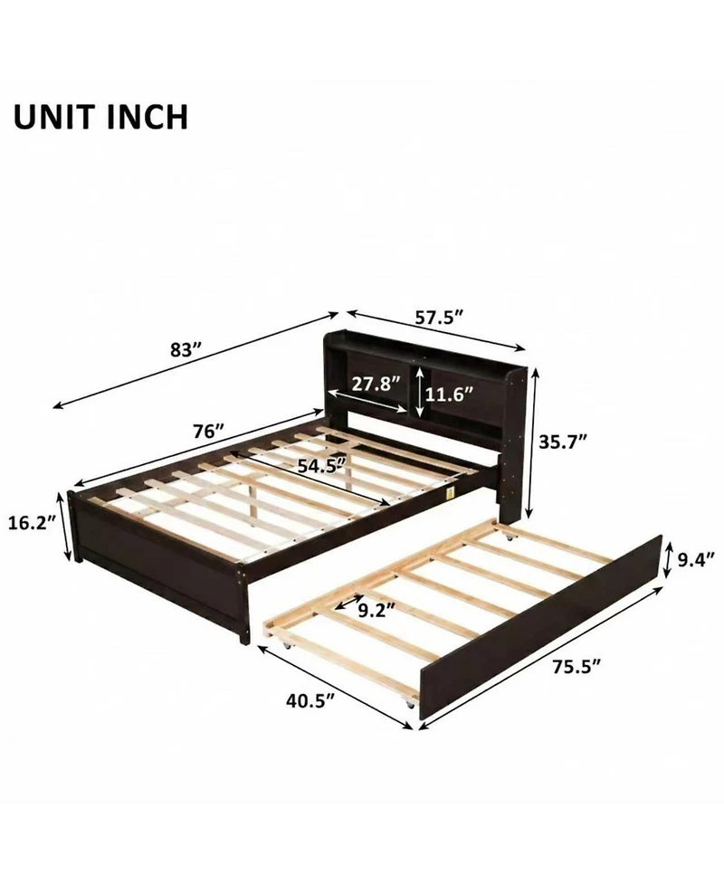 Sailvan Full Platform Bed with Trundle and Storage Bookcase Headboard, Solid Pine Wood