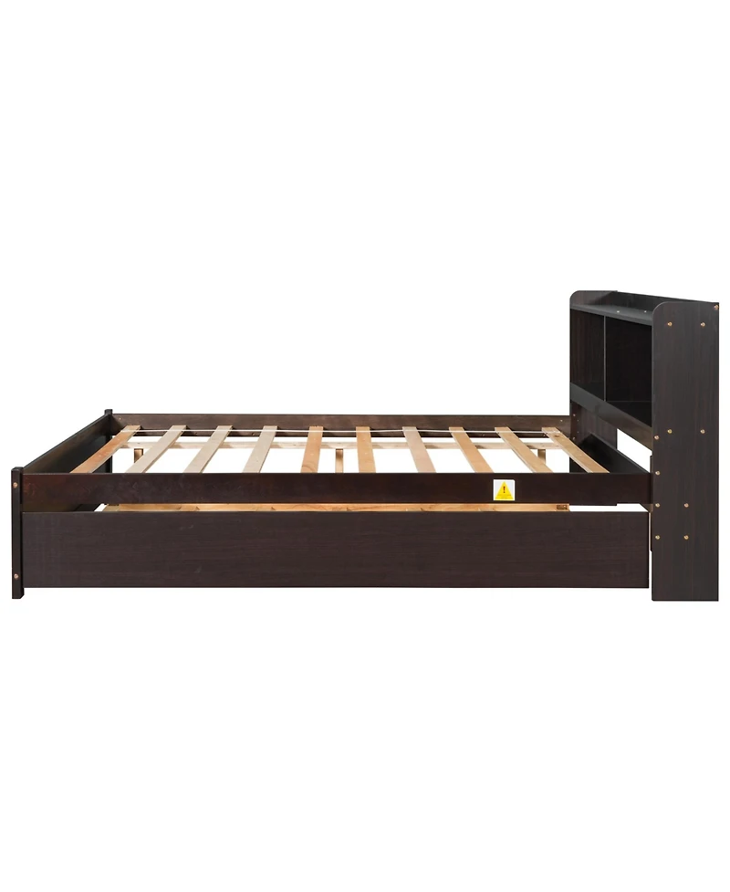 Sailvan Full Platform Bed with Trundle and Storage Bookcase Headboard, Solid Pine Wood