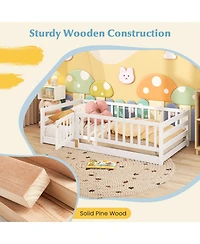 Slickblue Kids Twin Floor Bed with Safety Fence and Playhouse Door - 41