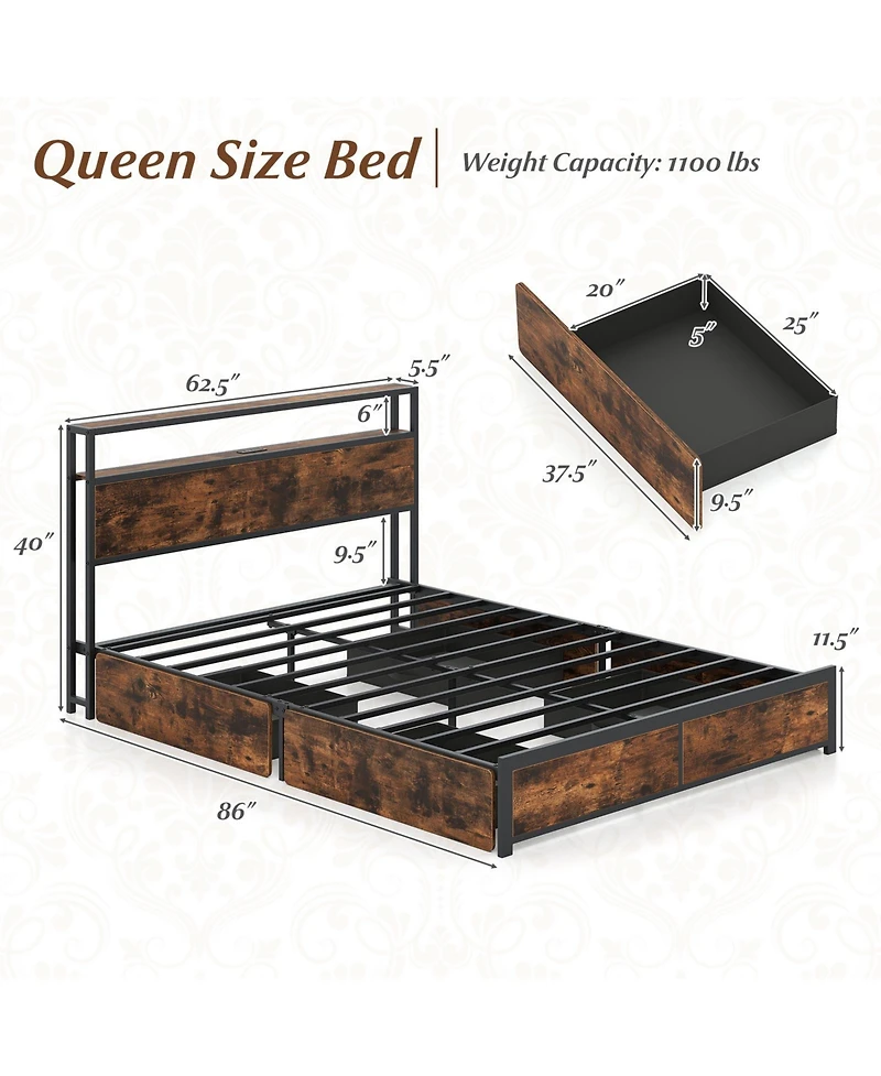 Slickblue Led Platform Bed Frame with 4 Drawers Charging Station