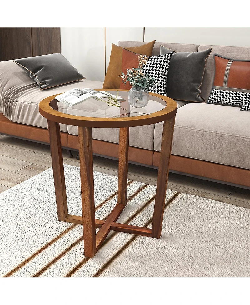 Gymax Modern Round End Table w/ Transparent Tempered Glass Top Solid Acacia Wood Legs