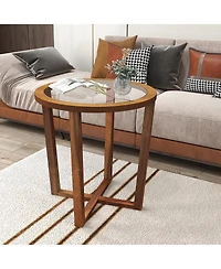 Gymax Modern Round End Table w/ Transparent Tempered Glass Top Solid Acacia Wood Legs