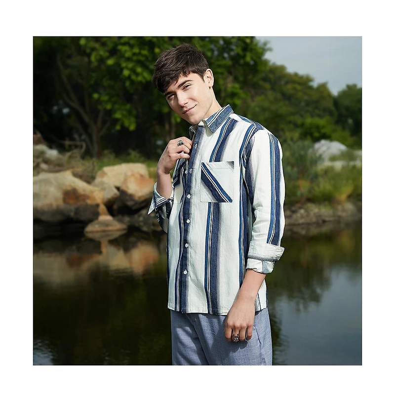 Campus Sutra Men's Shadow-Striped Oversized Shirt.
