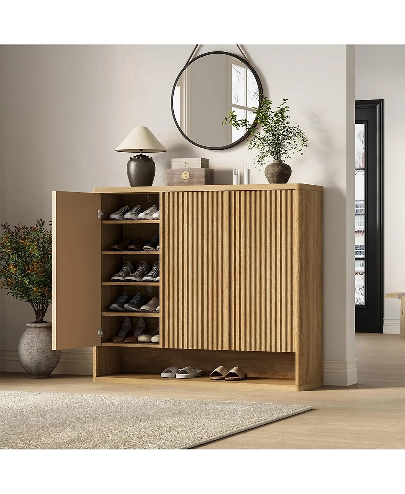 Homfan 2 Piece Wooden Shoe Cabinet Set with Fluted Doors and Adjustable Shelves, 46 in Entryway Shoe Storage Organizer for Hallway