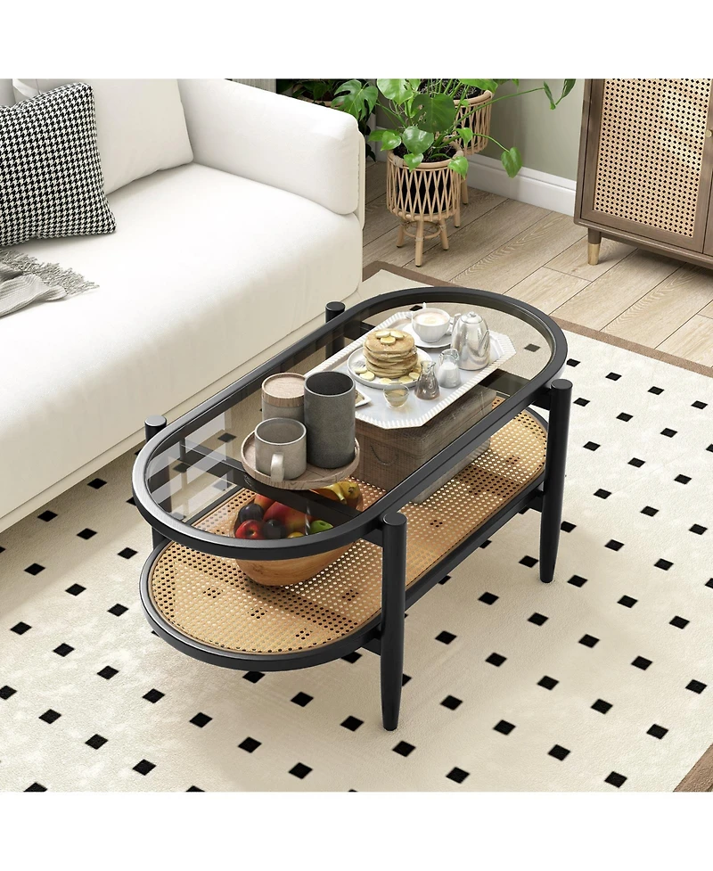 Sugift 2-Tier Coffee Table with Tempered Glass Tabletop and Acacia Wood Frame