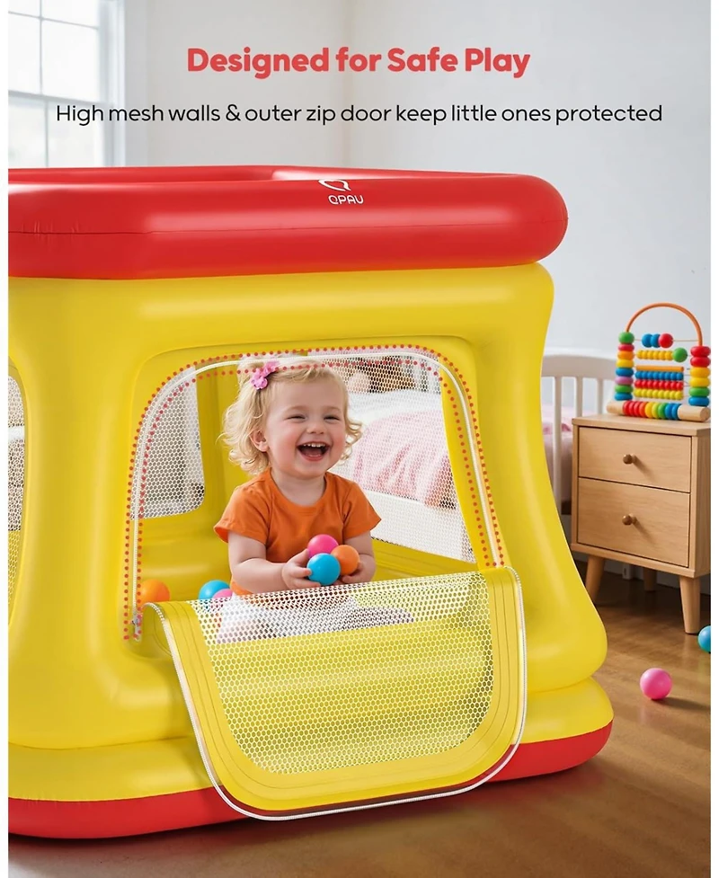 Qpau 3-in-1 Inflatable Bounce House for Toddlers 1-3, Ball Pit and Trampoline, Inflatable Bouncy House with Pump, Safety Net