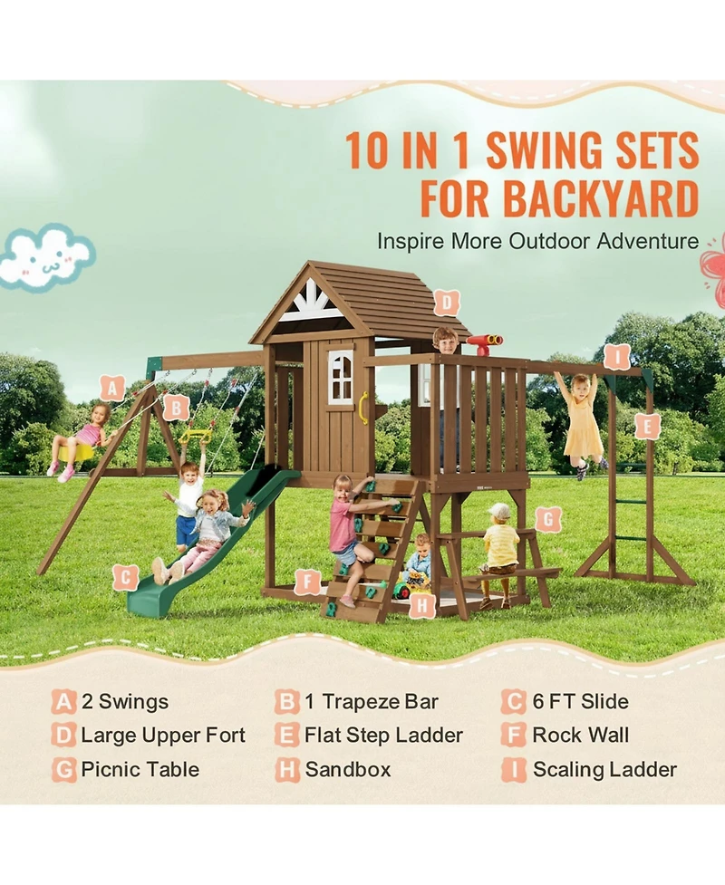 Gouun 10-in-1 Cedar Swing Set with Slide, Fort, Rock Wall and Sandbox for Ages 3-10