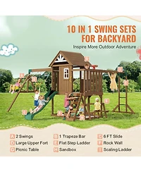 Gouun 10-in-1 Cedar Swing Set with Slide, Fort, Rock Wall and Sandbox for Ages 3-10