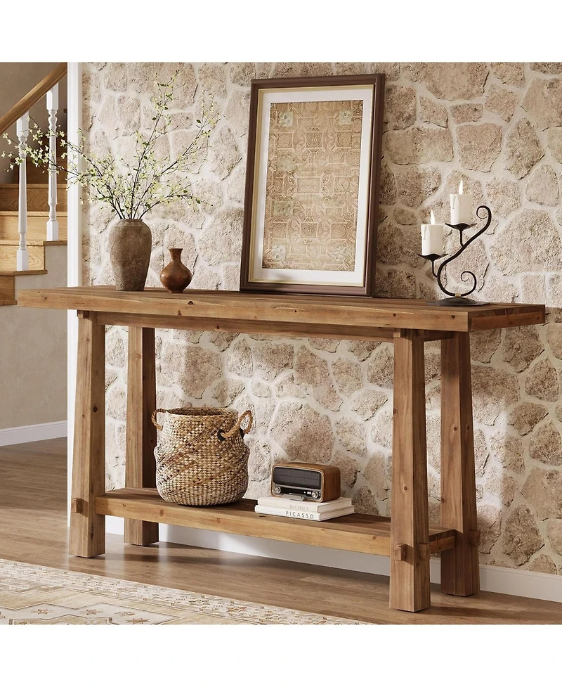 Tribesigns 63" Solid Console Table, Farmhouse 2-Tier Wood Entryway Sofa Table for Living Room, Hallway, Easy Assembly, Natural Rustic Brown